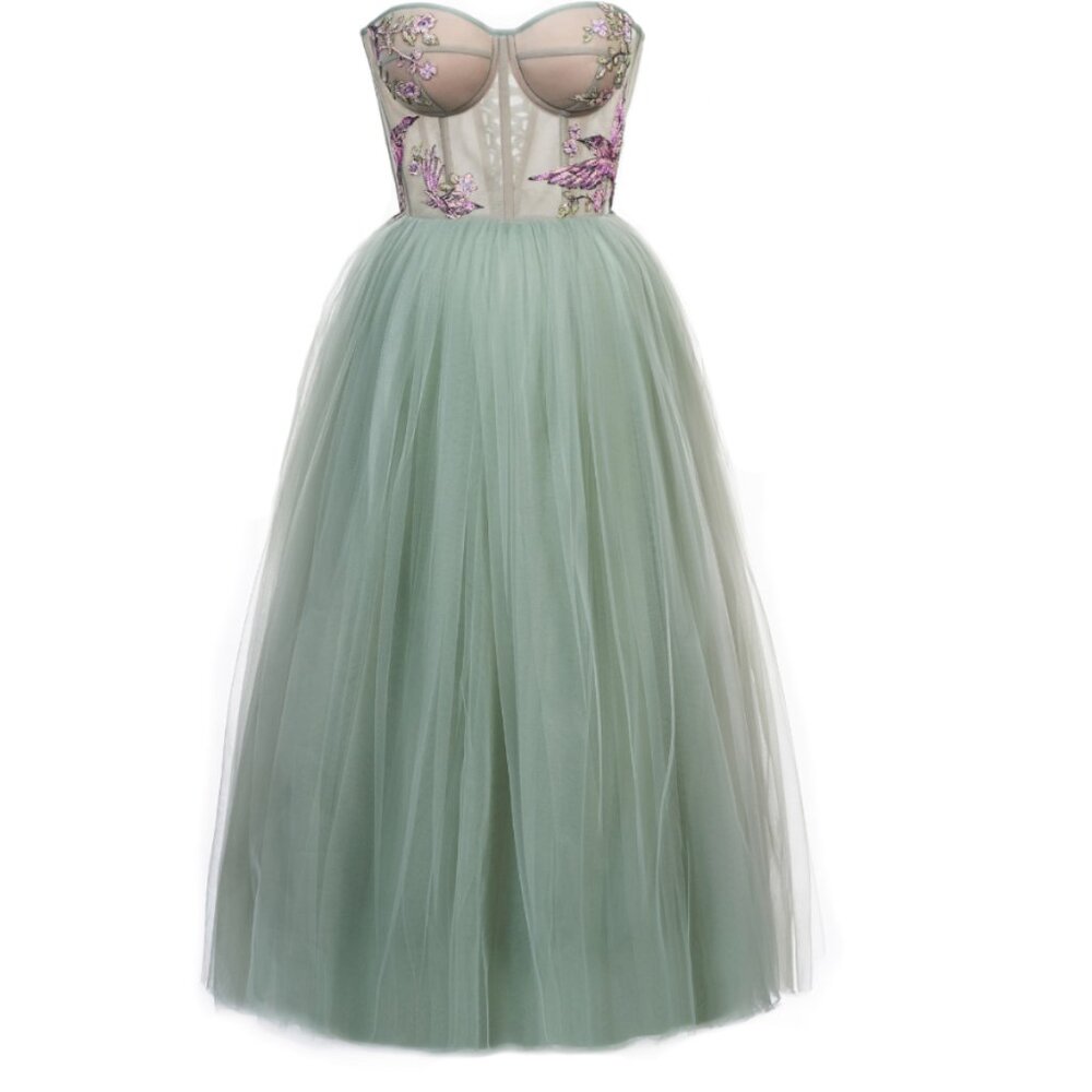 Karolina Kusy size 4 sage green corset embroidered tulle ballgown EUC